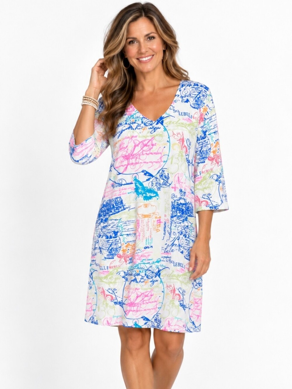 Lulu-B Post Cards of Love Dress 1X UPF 50 French Script Travel Resort Stretch